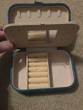Teal Compact Jewelry Box with Ring Roll and Mirror